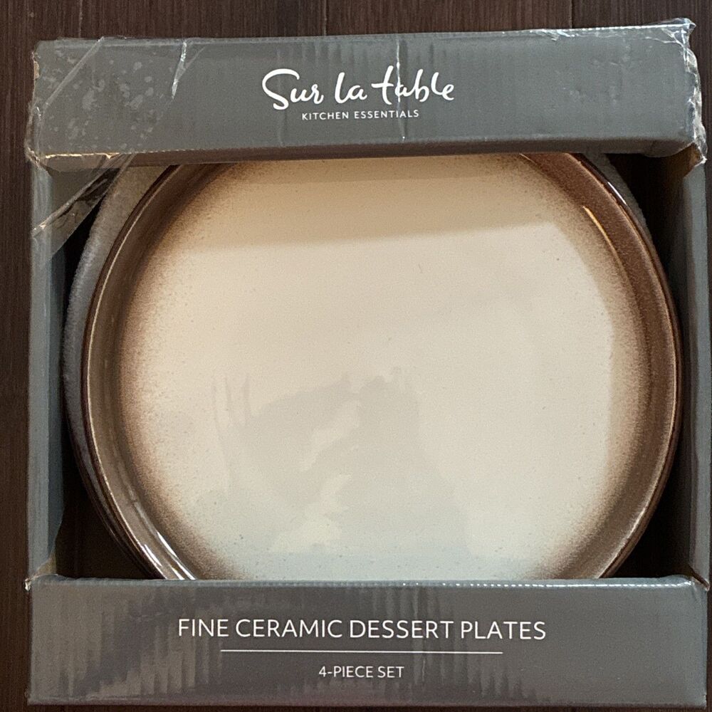 New Sur La Table Kitchen Essentials Ceramic Dessert Plates 4 PC Set Brown Glaze